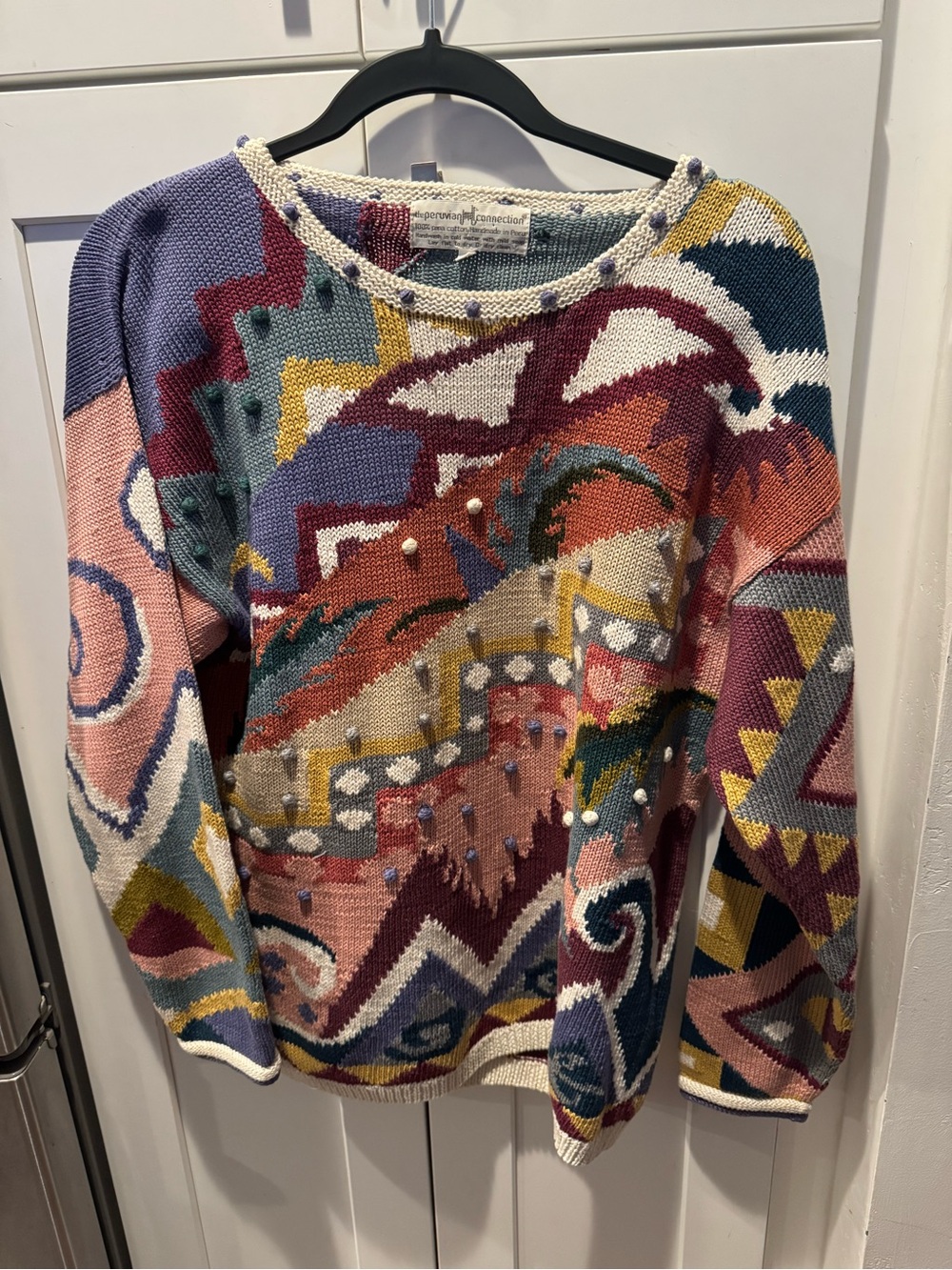 Vintage Peruvian Connection Multicolor Geometric Pearl-Accent Crewneck Sweater